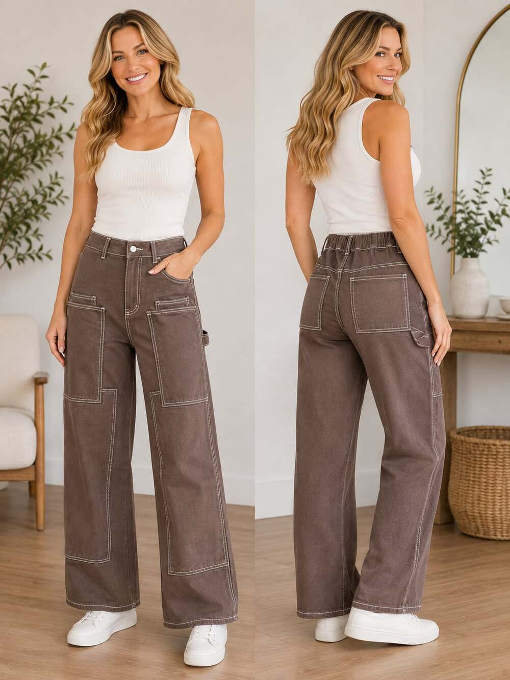 Aaron & Amber Brown Wide Leg Carpenter Pants Contrast Stitch Cotton S